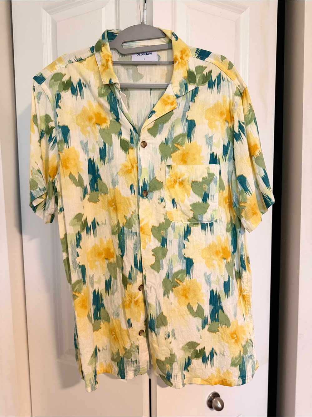 Old Navy Yellow, Green & Teal Floral Short-Sleeve Camp Shirt